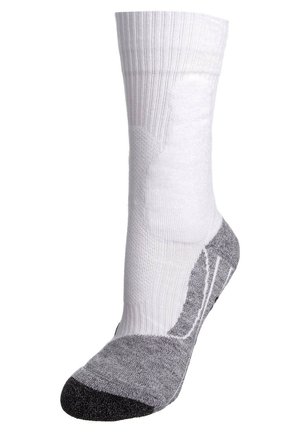 Chaussette blanche et grise avec un bord côtelé, semelle rembourrée et talon renforcé. Le matériau semble respirant avec un orteil noir contrastant.