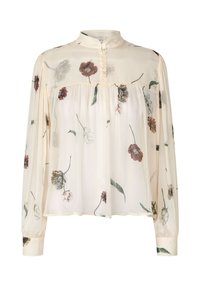 Květinová halenka s dlouhými rukávy, vyrobená z lehké krémové látky. Má vysoký límec, zapínání na knoflíky a různé ražené květinové vzory.