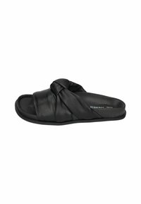 Black leather slide sandal featuring a knotted strap design, flat rubber sole, and cushioned footbed for comfort.