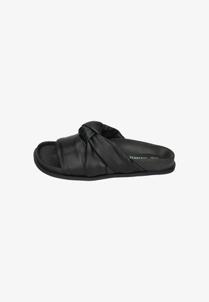 Black leather slide sandal featuring a knotted strap design, flat rubber sole, and cushioned footbed for comfort.