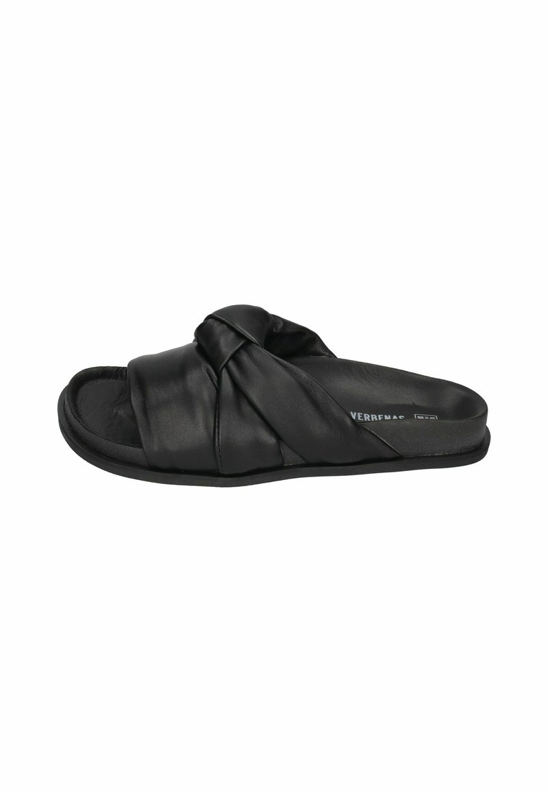 Black leather slide sandal featuring a knotted strap design, flat rubber sole, and cushioned footbed for comfort.