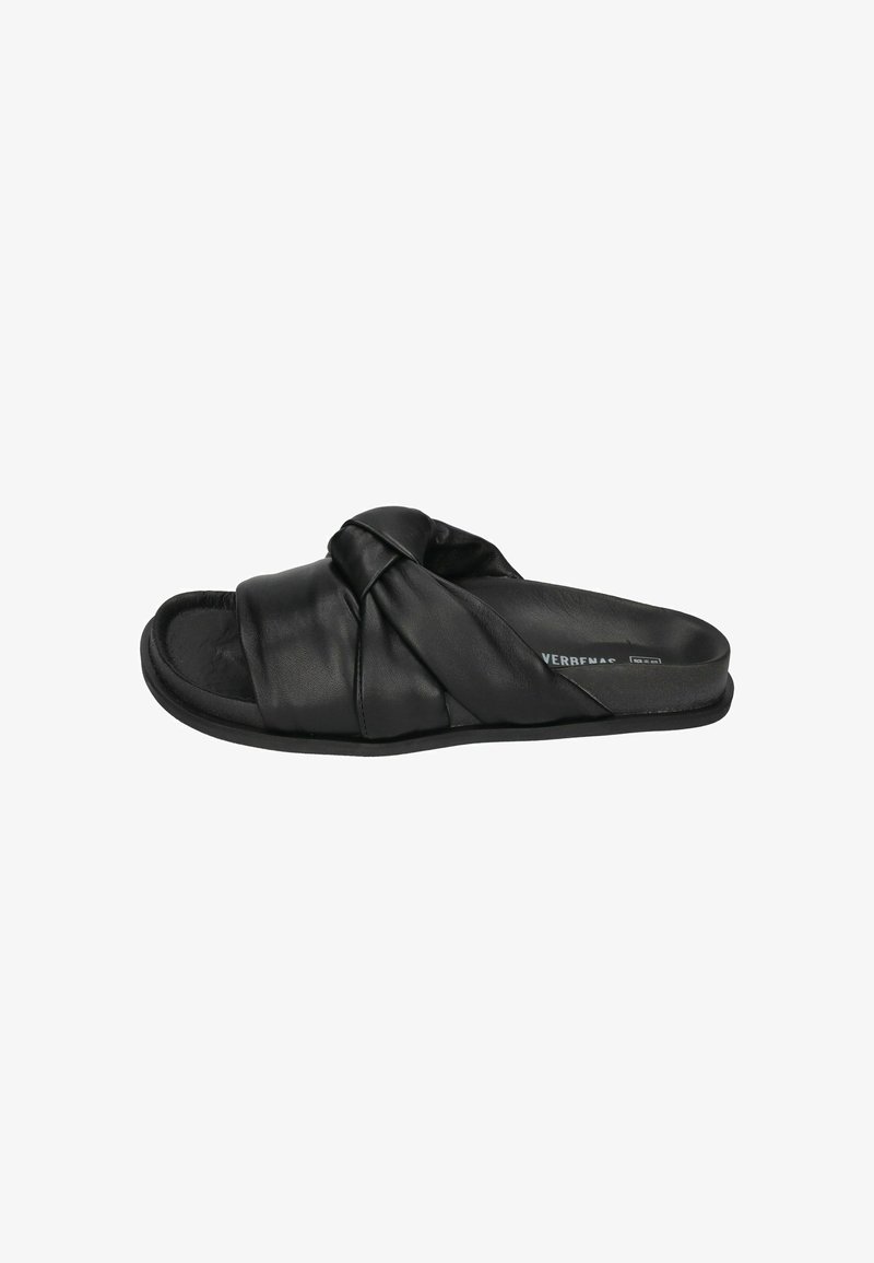 Black leather slide sandal featuring a knotted strap design, flat rubber sole, and cushioned footbed for comfort.