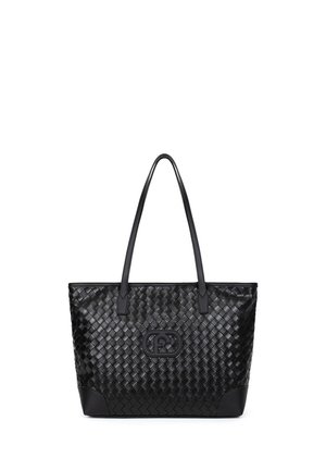 Sac fourre-tout en cuir tressé noir avec longues poignées et logo embossé au centre avant.