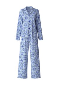 Blue and white patterned pajama set featuring long sleeves, a collar, and wide-leg pants with geometric and floral designs.
