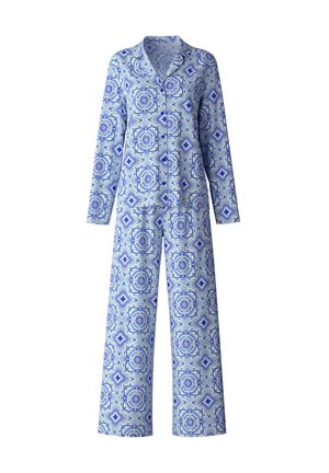 Set di pigiama a righe blu e bianche con maniche lunghe, colletto e pantaloni larghi con design geometrici e floreali.