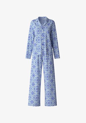 Set di pigiama a righe blu e bianche con maniche lunghe, colletto e pantaloni larghi con design geometrici e floreali.