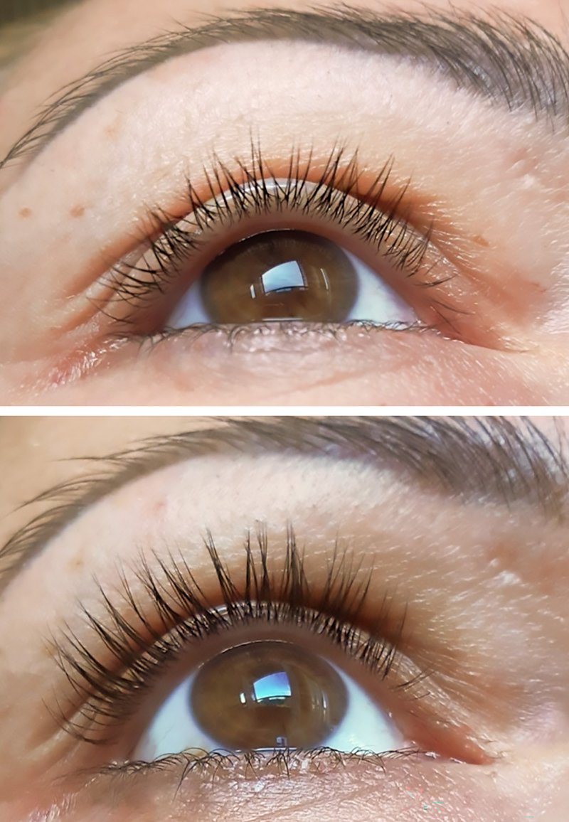 Närbild på ett öga med långa, mörka fransar, brun iris och slät hud. Den övre bilden visar naturliga fransar, medan den nedre visar förädlade fransar.