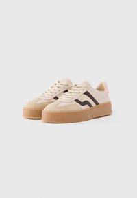 Beige sneakers with suede and leather materials, lace-up design, brown stripes, pink heel accent, and a thick gum sole.