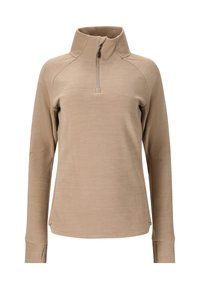 Beige pullover med halvlange lynlås, lange ærmer, blød tekstur og sideslidser, designet til komfort og lagdeling.