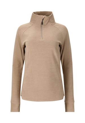 Beiger Pullover mit einem halben Reißverschluss am Kragen, langen Ärmeln, weichem Material und seitlichen Schlitzen, konzipiert für Komfort und zum Layering.