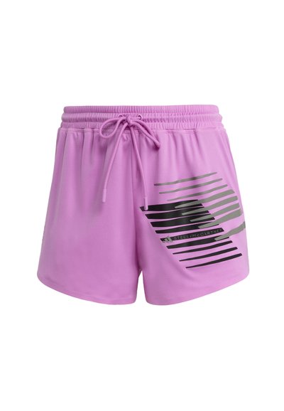 Shorts deportivos rosas con cintura ajustable mediante cordón, que presentan acentos gráficos de rayas negras en los laterales y un tejido suave y ligero.