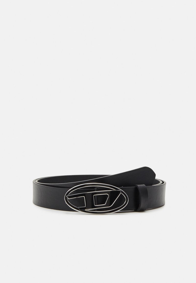 Black leather belt featuring a wide strap, an oval silver buckle with geometric design, and a smooth texture throughout.