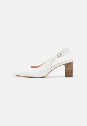 White leather slingback heel with pointed toe, textured crocodile pattern, and a stacked wooden block heel. Adjustable ankle strap.