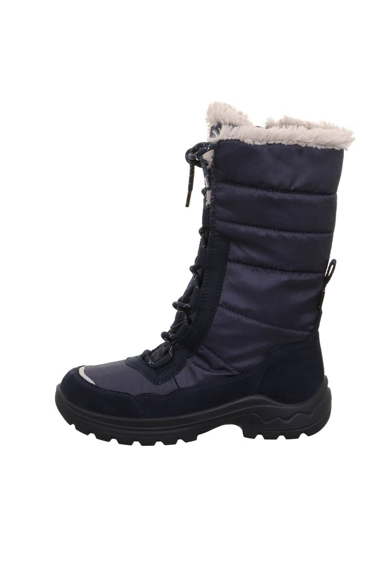 Stivali invernali blu navy realizzati in tessuto imbottito con colletto in pelliccia sintetica, pannelli laterali texturizzati, chiusura con lacci e suola in gomma resistente.