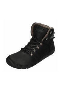 Schwarze Lederknöchelstiefel mit weichem, beigeem Fleecefutter, Metallösen und schwarzen Schnürsenkeln. Robuste Gummisohle für guten Griff.