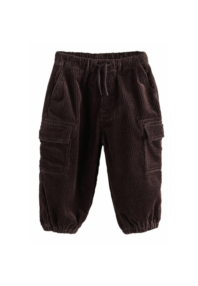 Bruna kordbyxor med elastisk midja, samlade muddar och två sidofickor; har vertikal ribbad textur.