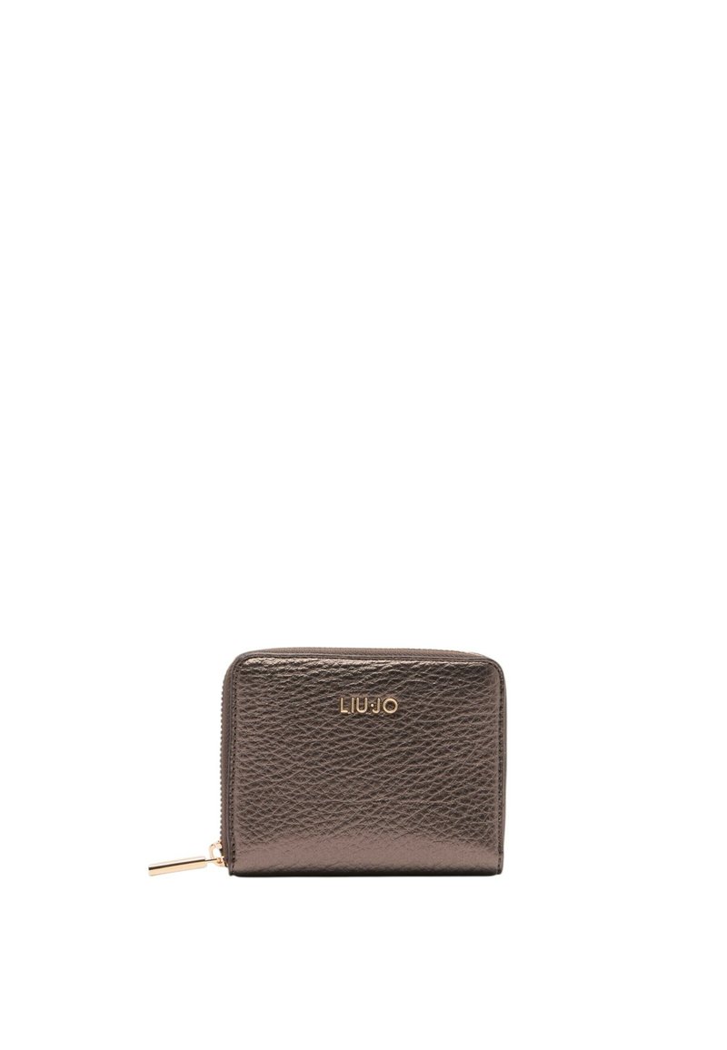 Portafoglio Liu Jo in pelle marrone metallizzato scuro con finitura testurizzata, logo oro, chiusura a zip e tirazip in metallo. Forma rettangolare compatta.