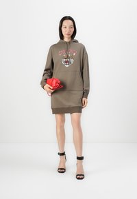 Rochie cu glugă maro, cu imprimeu grafic cu tigru, mâneci lungi și buzunar frontal. Modelul ține o geantă mică roșie, asortată cu sandale negre cu curele.