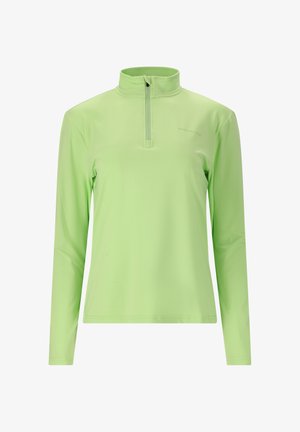 Lys grøn, langærmet pullover med en halv lynlås krave. Lavet af et glat, strækbart materiale med minimal branding på fronten.