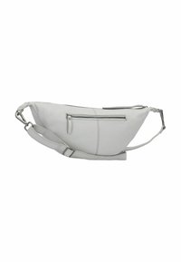 Bolso de hombro de cuero gris claro con una forma elegante y curva. Presenta un bolsillo con cremallera, correa ajustable y detalles de costura.