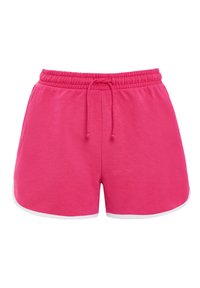 Roze katoenen shorts met een elastische tailleband en trekkoord. Heeft contrasterende witte afwerking aan de zoom. Korte lengte en een relaxed fit.