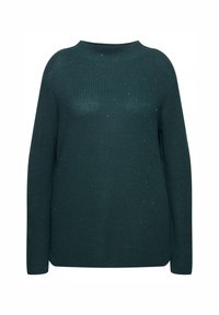 Mörkgrön stickad tröja med rund hals, långa ärmar och spridda metalliska detaljer. Den strukturerade mönstret ger djup åt tyget.