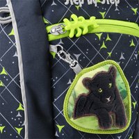 Navy backpack with green accents features a patterned exterior, a leaf-shaped zipper pull, and a plush black panther patch.