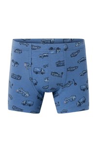 Blauwe katoen boxershorts met een patroon van verschillende voertuigen, waaronder auto's en vrachtwagens, met een gladde textuur en een lichte rek.