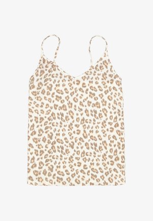 Camisole met luipaardprint en dunne schouderbandjes, voorzien van een v-hals ontwerp. Gemaakt van zachte stof met een geribbelde textuur in beige en bruine tinten.