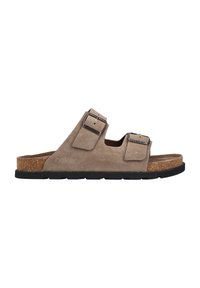 Sandali in suede marrone con due cinghie regolabili e fibbie in metallo, dotati di un plantare in sughero e suola in gomma nera.