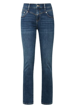 Dark blue denim jeans with a straight-leg design, featuring front pockets and a button closure. The fabric has a smooth, slight stretch texture.