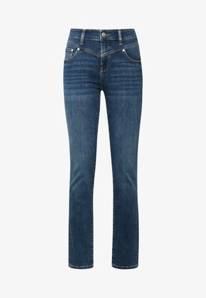 Dark blue denim jeans with a straight-leg design, featuring front pockets and a button closure. The fabric has a smooth, slight stretch texture.