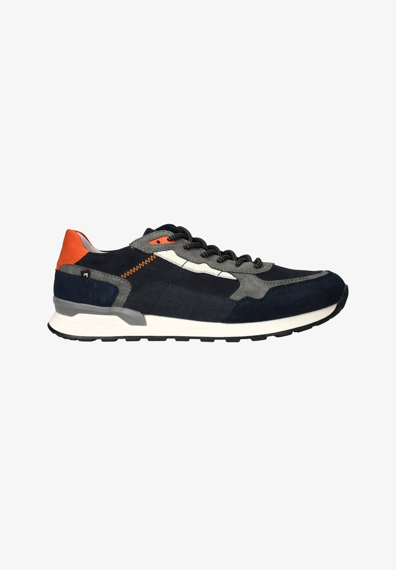 Navy blue sneakers with suede and mesh upper, grey accents, orange heel tab, and black rubber sole; laced design with stitched details.