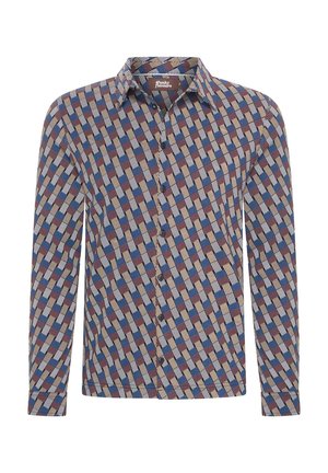 Chemise à manches longues avec un motif géométrique en bordeaux, bleu et crème. Dotée d'une fermeture à boutons et d'un col. Fabriquée en tissu tissé.