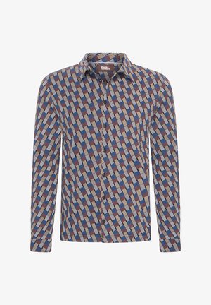 Langärmliges Hemd mit geometrischem Muster in Burgunderrot, Blau und Creme. Mit durchgehender Knopfleiste und Kragen. Hergestellt aus gewebtem Stoff.