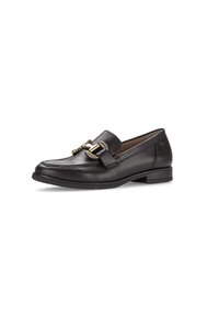 Zwarte leren loafer met een ronde neus, decoratieve gesp en een lage blokhak. Glad textuur met minimale stiksel details.