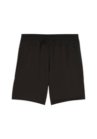 Schwarze sportliche Shorts aus glattem, leichtem Stoff mit elastischem Bund und zwei Seitentaschen. Einfaches, funktionales Design.