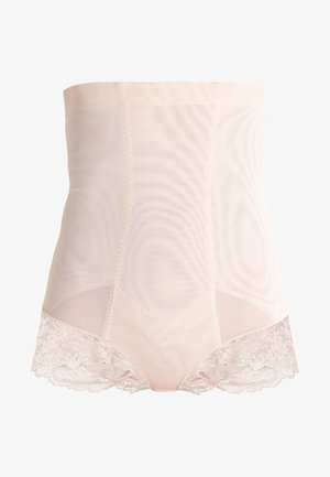 Faja de talle alto en color beige claro, con paneles de malla translúcida y un borde de encaje floral. Textura suave, ajuste ceñido y diseño sin costuras.