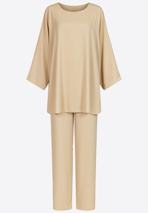 Beiges zweiteiliges Freizeitbekleidungsset mit lockerem, kurzärmeligem Oberteil mit Rundhalsausschnitt und gerade geschnittenen Hosen, beide aus glattem Stoff.