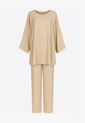 Beiges zweiteiliges Freizeitbekleidungsset mit lockerem, kurzärmeligem Oberteil mit Rundhalsausschnitt und gerade geschnittenen Hosen, beide aus glattem Stoff.