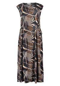 Svart maxiklänning med ett blommigt och geometriskt mönster i brunt, grått och vitt. Korta ärmar, avslappnad passform, dragsko i midjan.