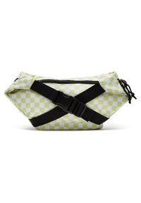 Sac rectangulaire avec un motif à carreaux vert lime et blanc, sangles réglables noires et zip avant. Fabriqué en tissu durable.