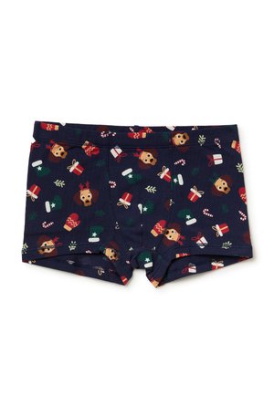 Granatowe bokserki z wzorem świątecznym, przedstawiającym psy, prezenty, cukrowe laski i świąteczne rękawice w różnych kolorach i kształtach.