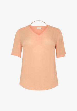 Hellpeach-farbene V-Ausschnitt-Bluse mit kurzen Ärmeln, aus einem weichen, strukturierten Stoff gefertigt. Mit einem dezenten Paneeldetail entlang des Ausschnitts.