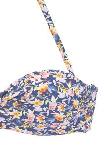Květinový bikiny top s nastavitelným páskem, s námořnickým pozadím a vzorem růžových, oranžových a žlutých květin. Hladký textilní povrch.