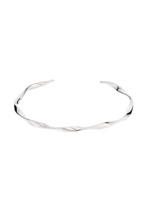 Silver twisted open-ended choker necklace with smooth, reflective surface on white background.