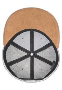 Gray fabric cap with a tan suede brim. Interior features a gray lining, black accents, and six ventilation holes. Rounded shape.