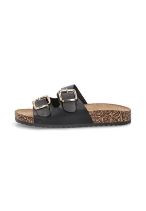 Sandalias de cuero negro con dos correas de hebilla, plantilla de corcho y suela de goma texturizada para un buen agarre.