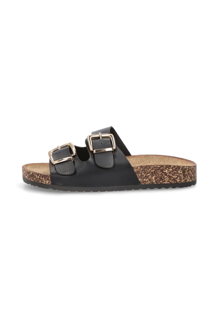 Sandalias de cuero negro con dos correas de hebilla, plantilla de corcho y suela de goma texturizada para un buen agarre.