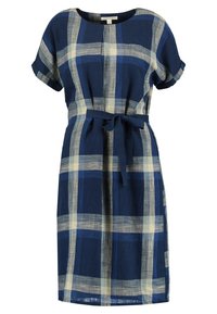 Laivastonsininen ja beige ruudullinen mekko kevyestä kankaasta, lyhyet hihat, pyöreä kaula-aukko, vyötärönauha ja polven ylle ulottuva pituus rentoa istuvuutta varten.